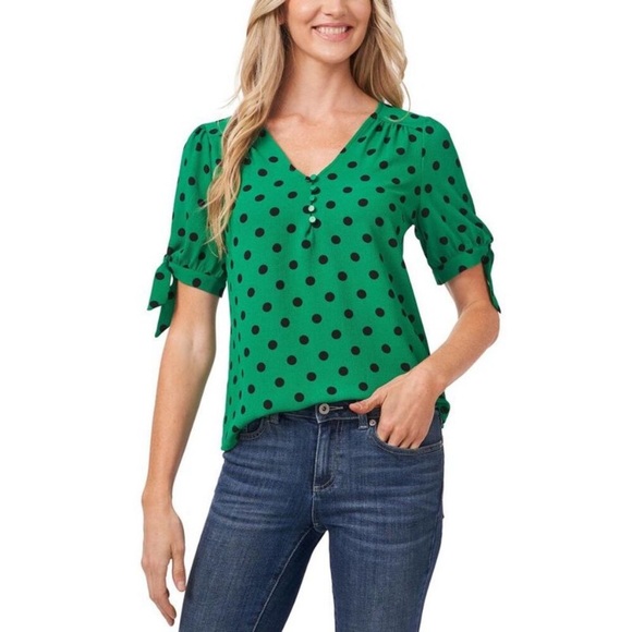 CeCe Green Polka Dot Blouse - Picture 1 of 8